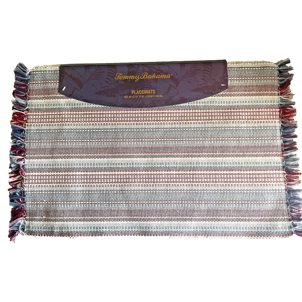 Tommy Bahama 4th of July Fringed Striped Placemats Reversible Washable Set of 4